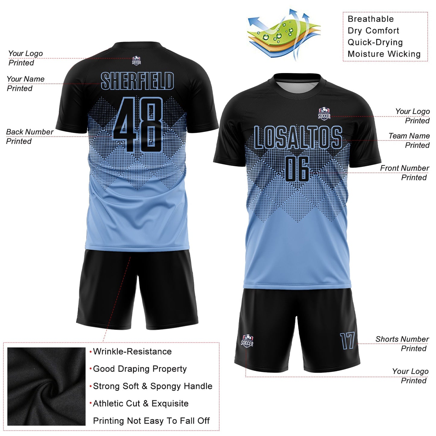 Custom Light Blue Black Sublimation Soccer Uniform Jersey Limited