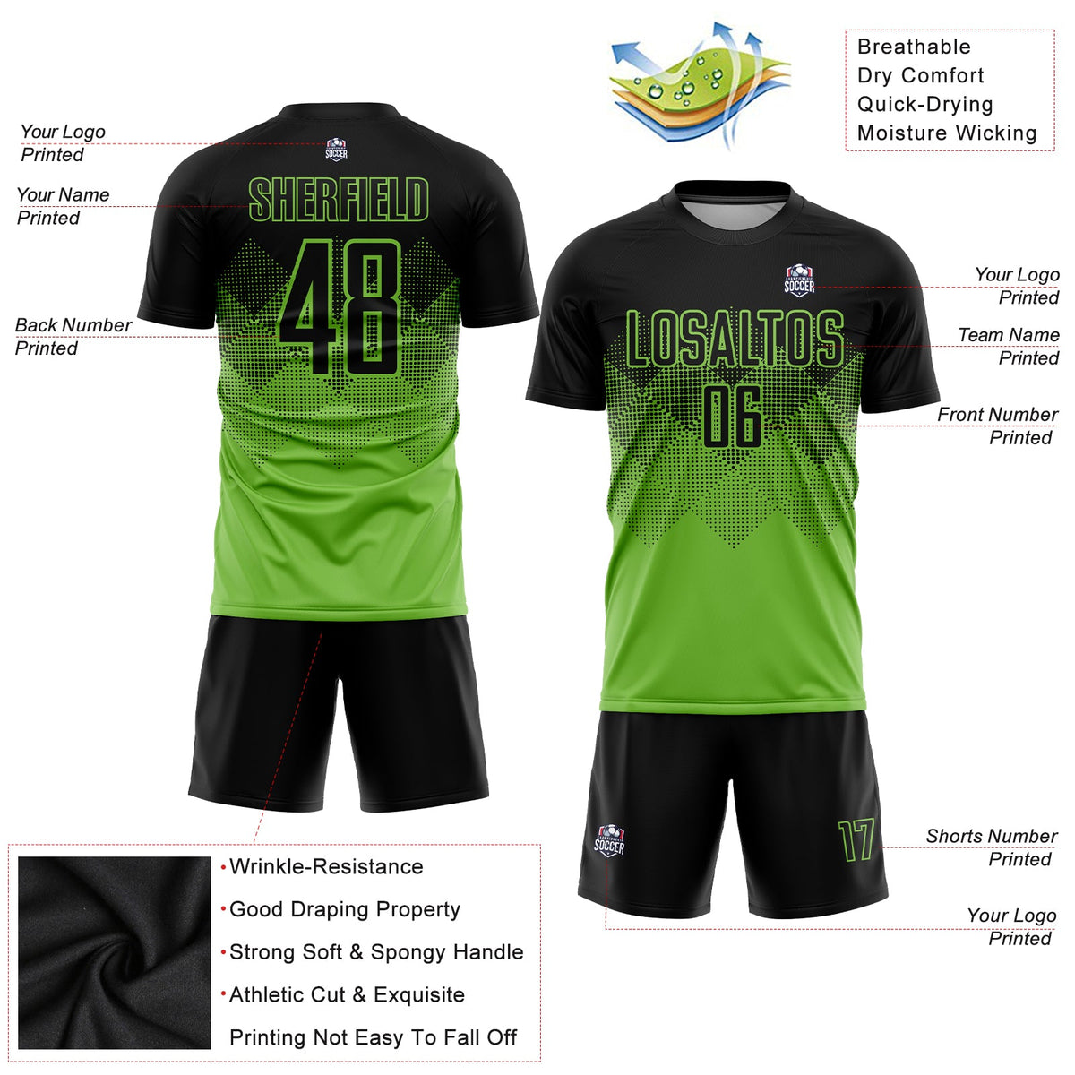 Custom Neon Green Black Sublimation Soccer Uniform Jersey Limited