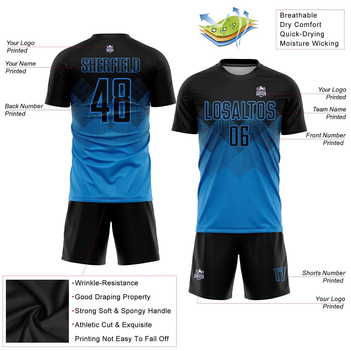 Custom Blue Black Sublimation Soccer Uniform Jersey Limited