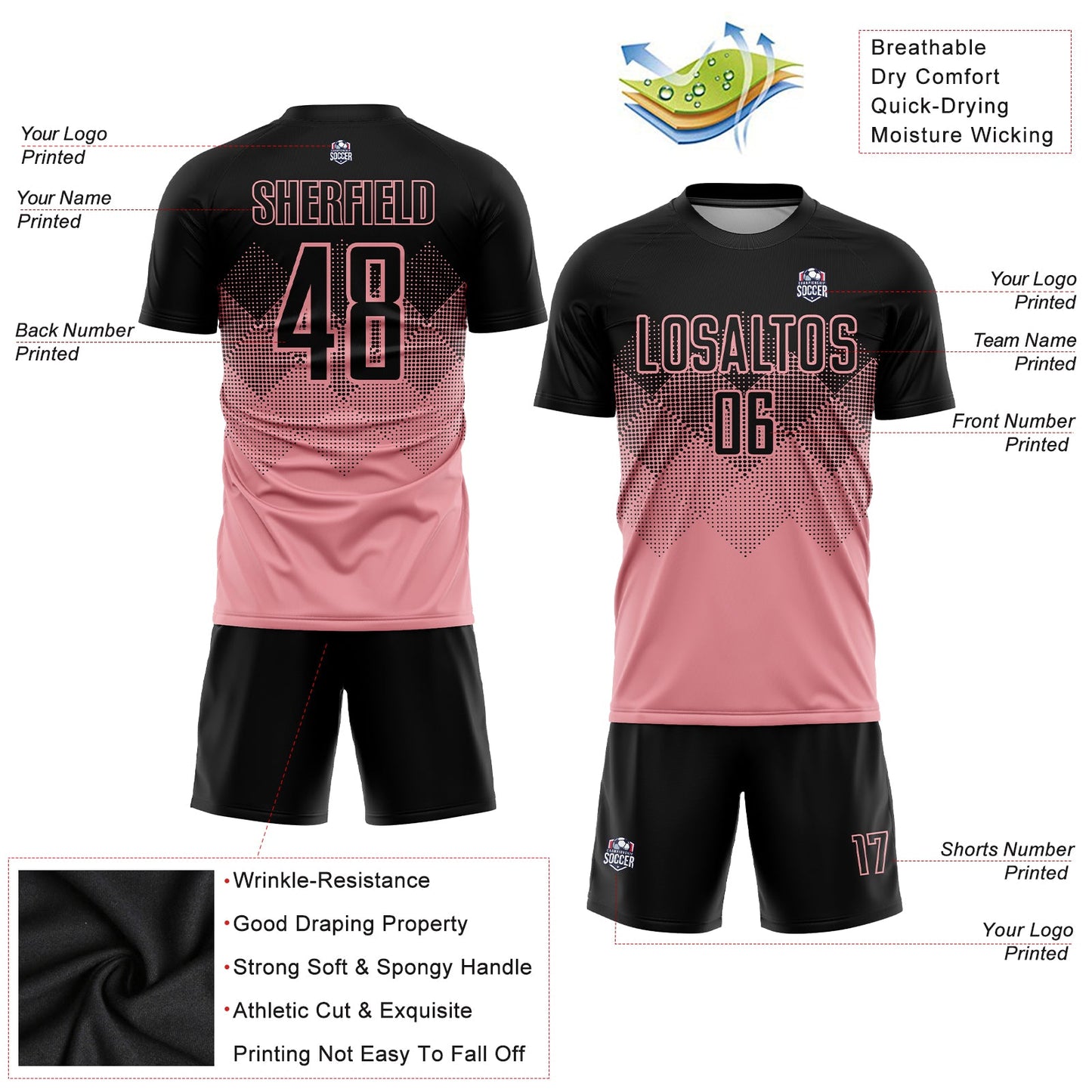 Custom Medium Pink Black Sublimation Soccer Uniform Jersey Limited