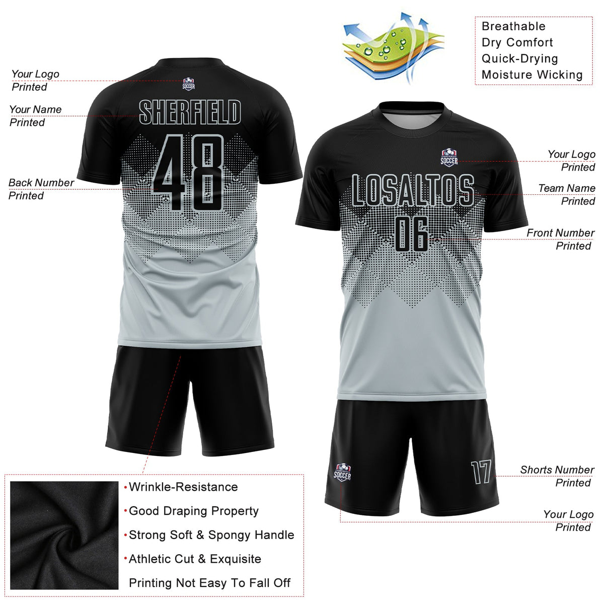 Custom Silver Black Sublimation Soccer Uniform Jersey Limited