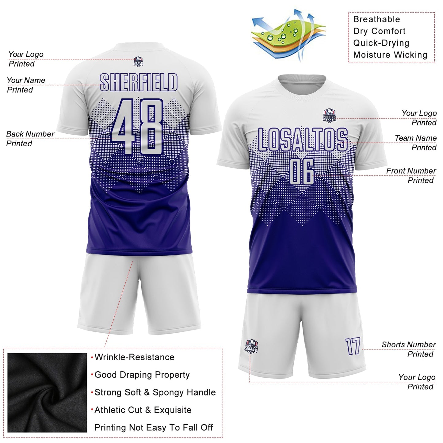 Custom White Dark Purple Sublimation Soccer Uniform Jersey Limited