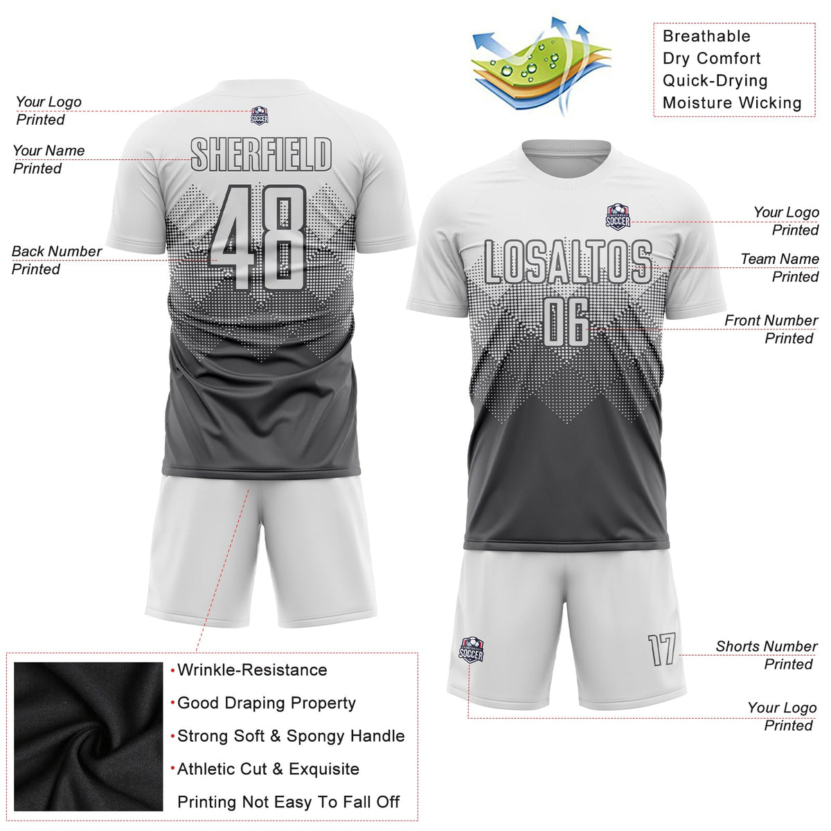 Custom Steel Gray White Sublimation Soccer Uniform Jersey Limited