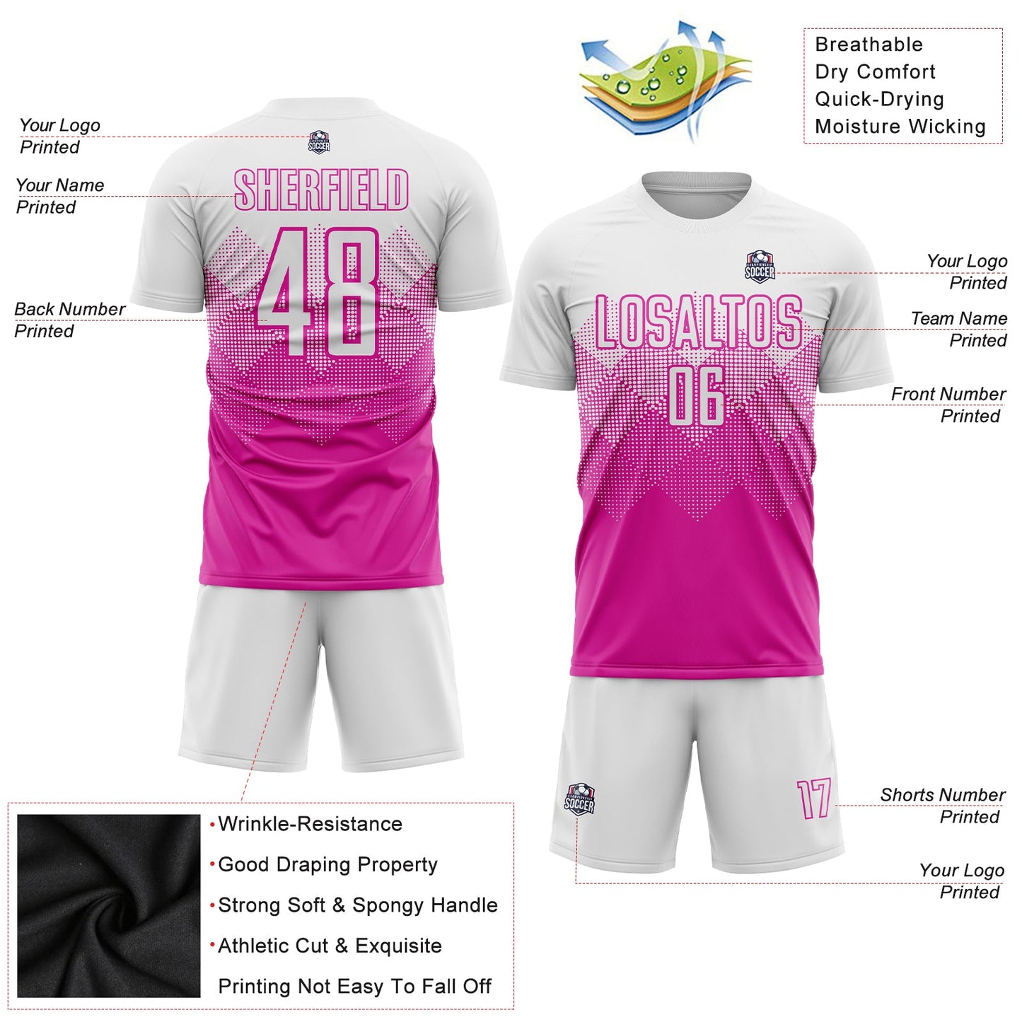 Custom Deep Pink White Sublimation Soccer Uniform Jersey Limited