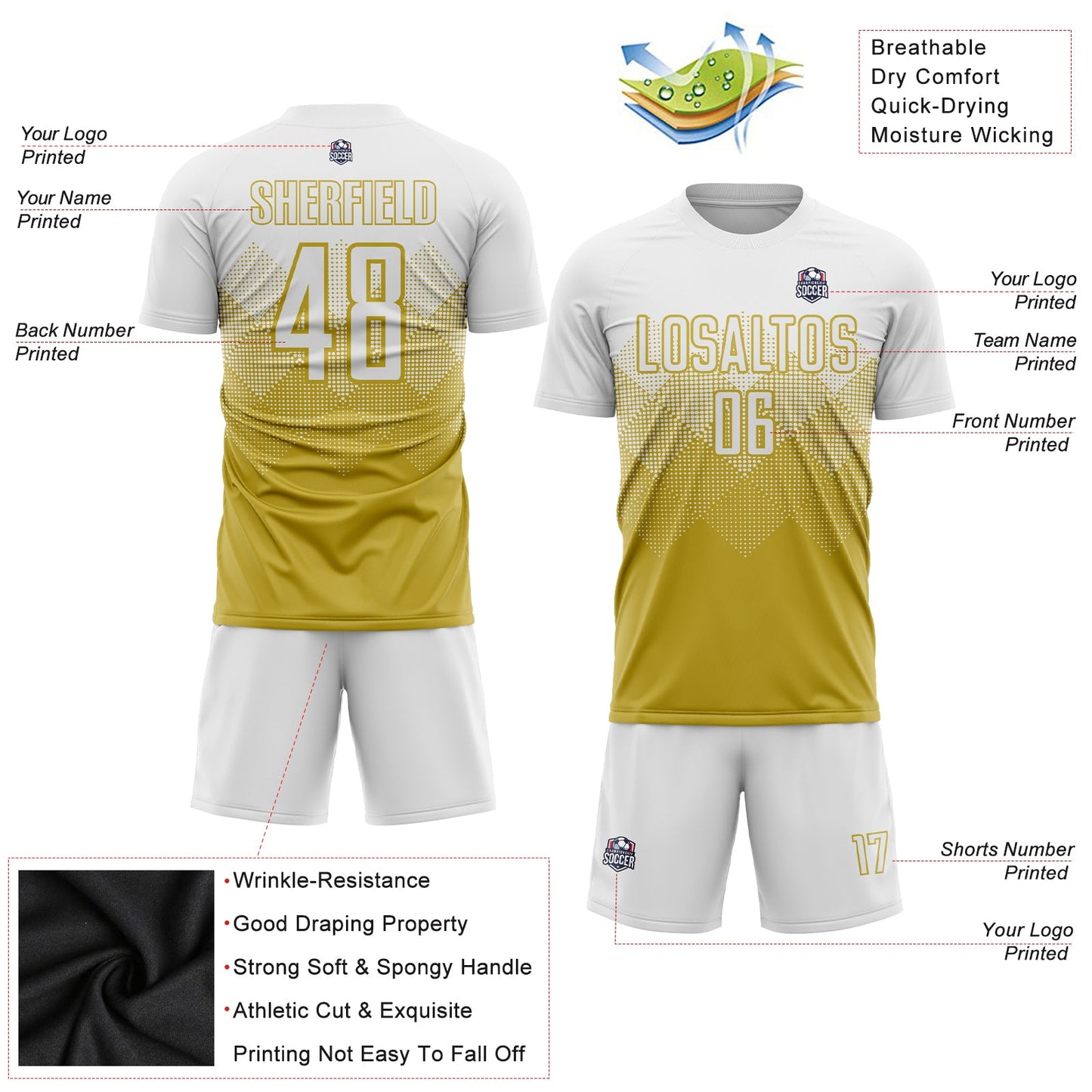 Custom Old Gold White Sublimation Soccer Uniform Jersey Limited