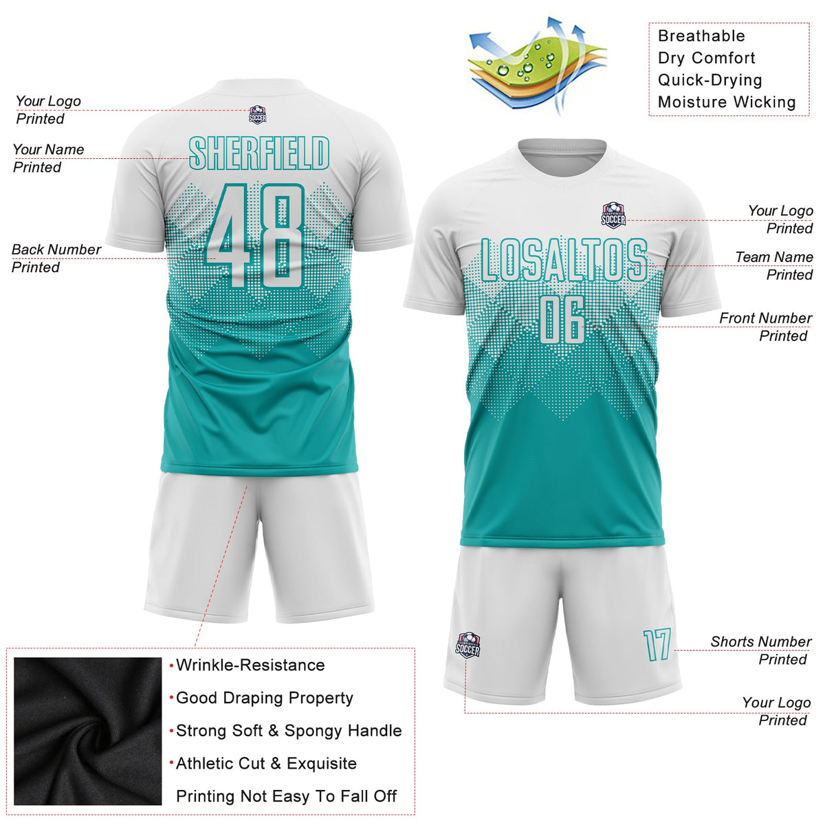 Custom Aqua White Sublimation Soccer Uniform Jersey Limited