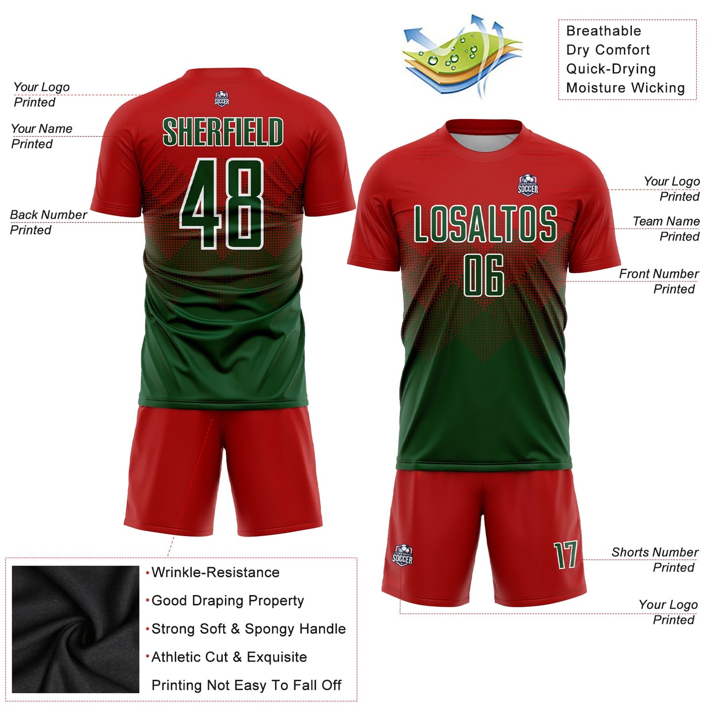 Custom Red Green-White Sublimation Soccer Uniform Jersey Limited
