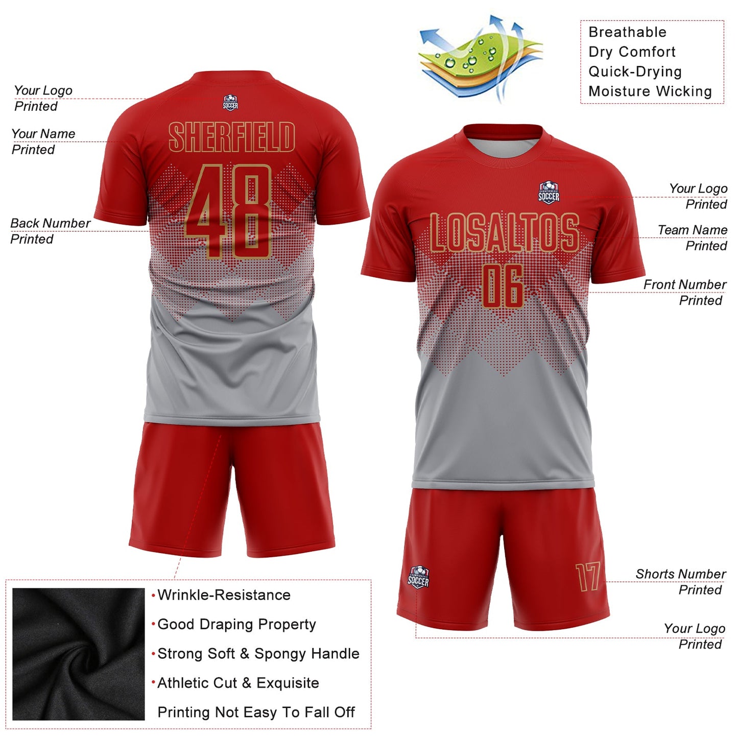Custom Gray Red-Old Gold Sublimation Soccer Uniform Jersey Limited