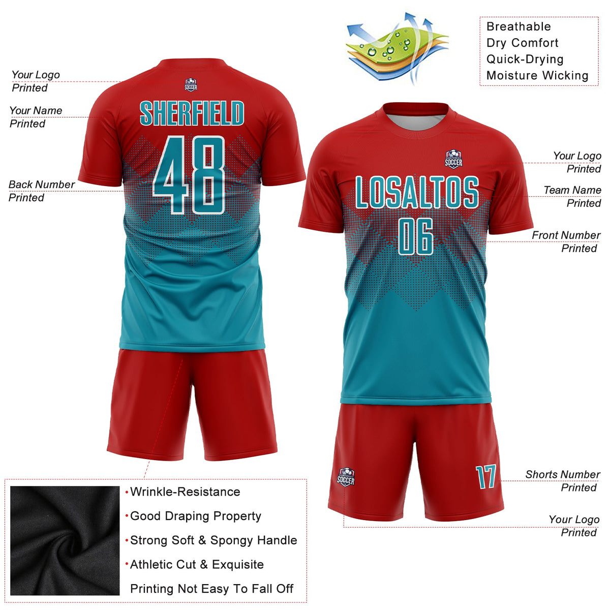 Custom Red Teal-White Sublimation Soccer Uniform Jersey Limited