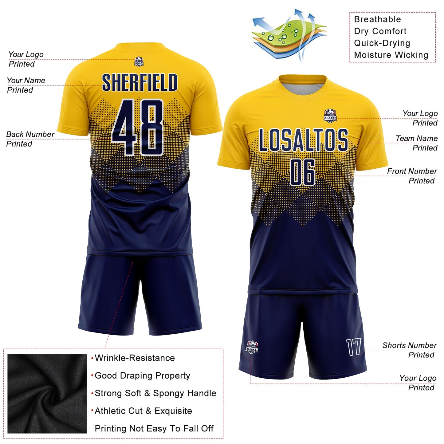 Custom Gold Navy-White Sublimation Soccer Uniform Jersey Limited