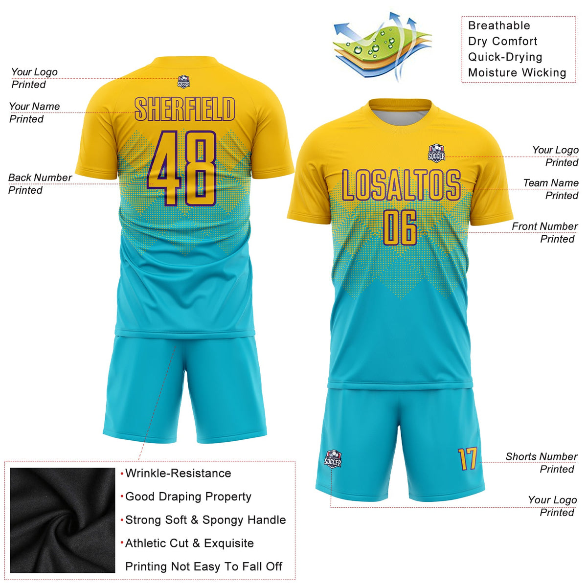 Custom Lakes Blue Gold-Purple Sublimation Soccer Uniform Jersey Limited