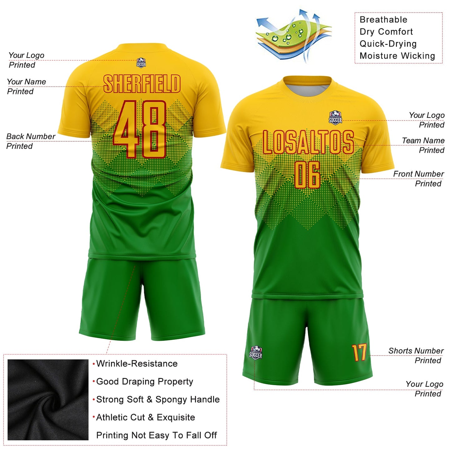 Custom Grass Green Gold-Red Sublimation Soccer Uniform Jersey Limited