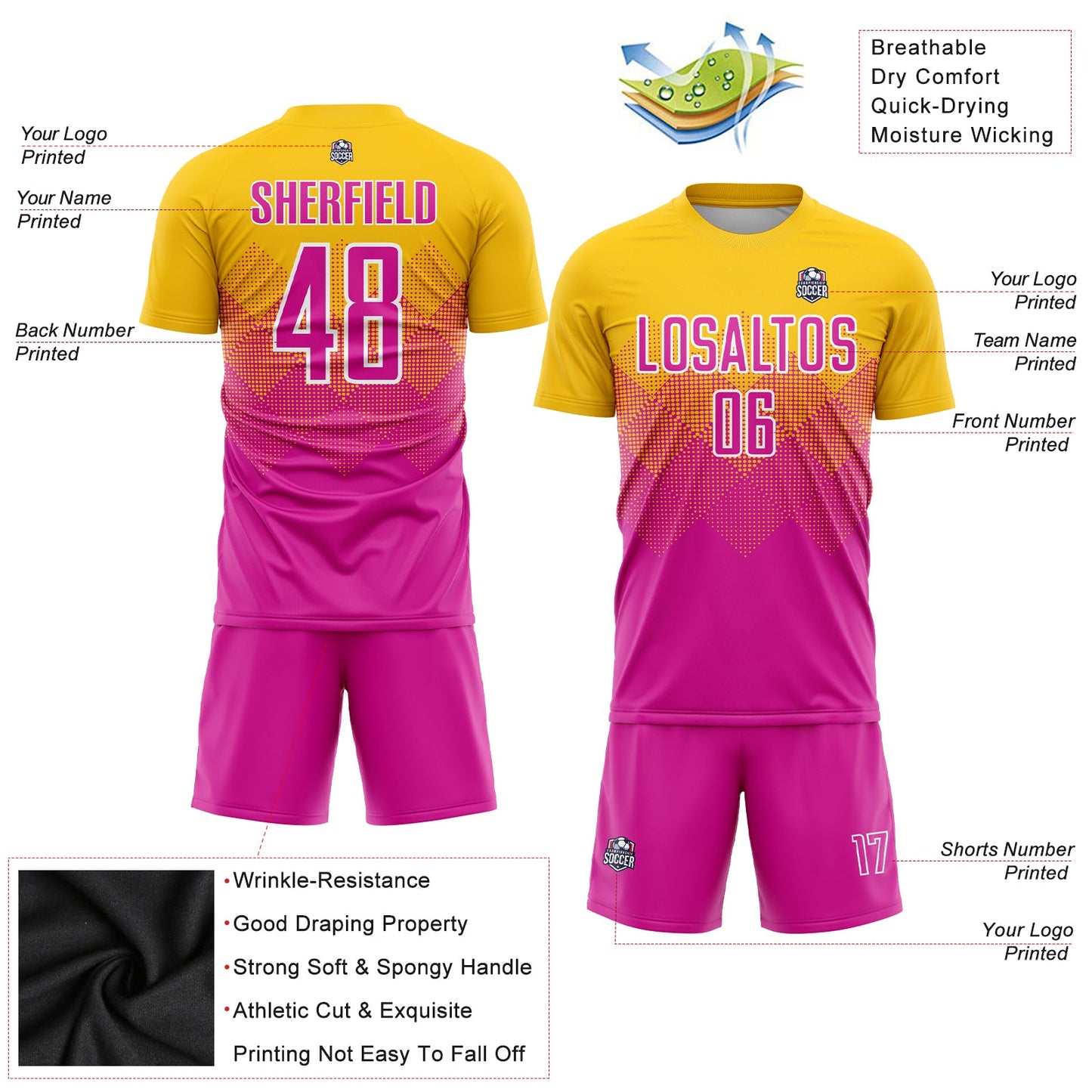 Custom Gold Deep Pink-White Sublimation Soccer Uniform Jersey Limited