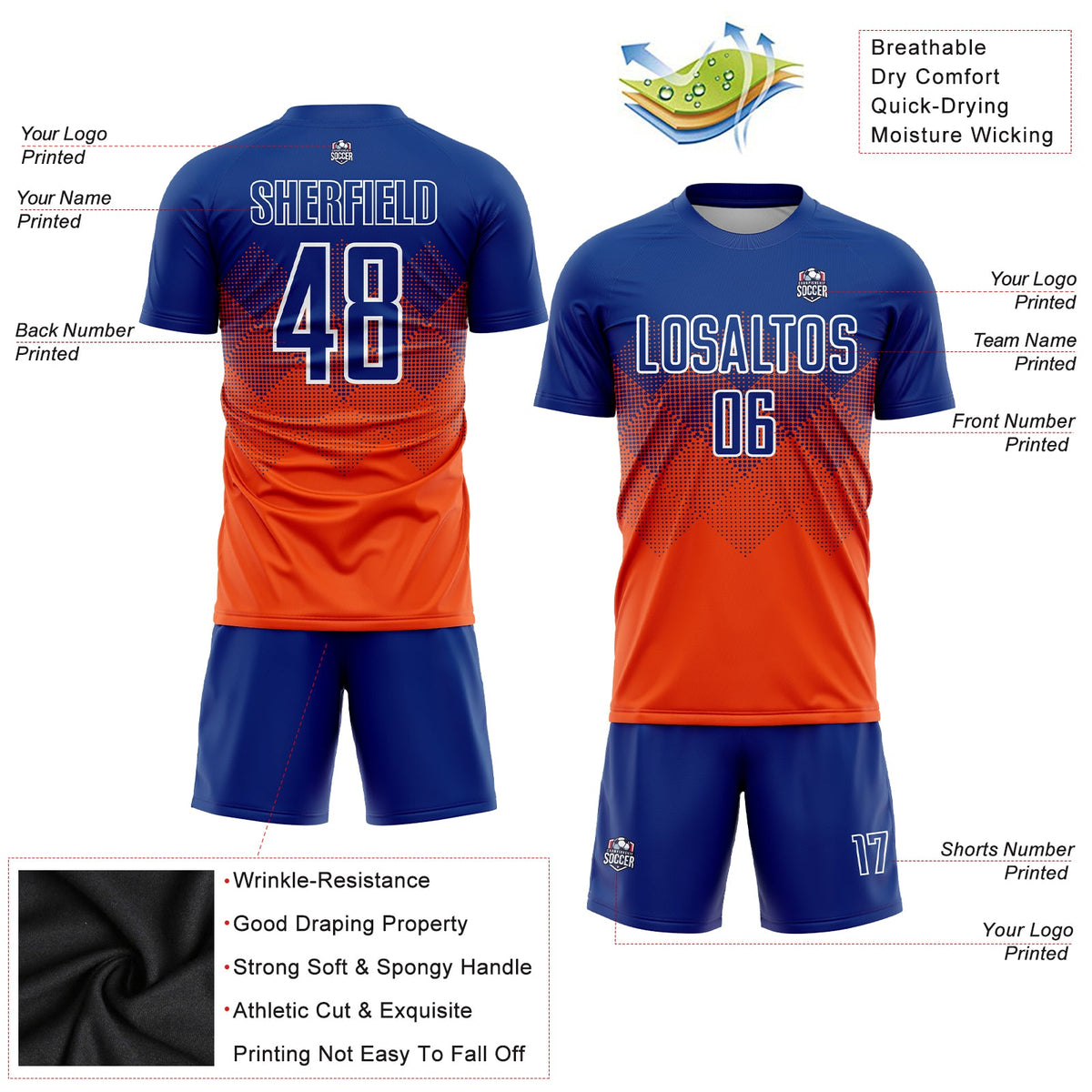 Custom Orange Royal-White Sublimation Soccer Uniform Jersey Limited
