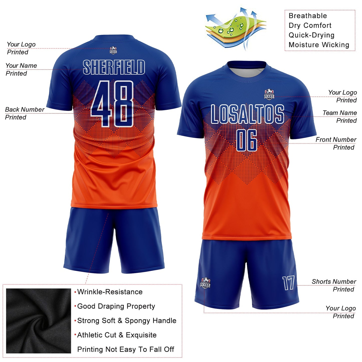 Custom Orange Royal-White Sublimation Soccer Uniform Jersey Limited