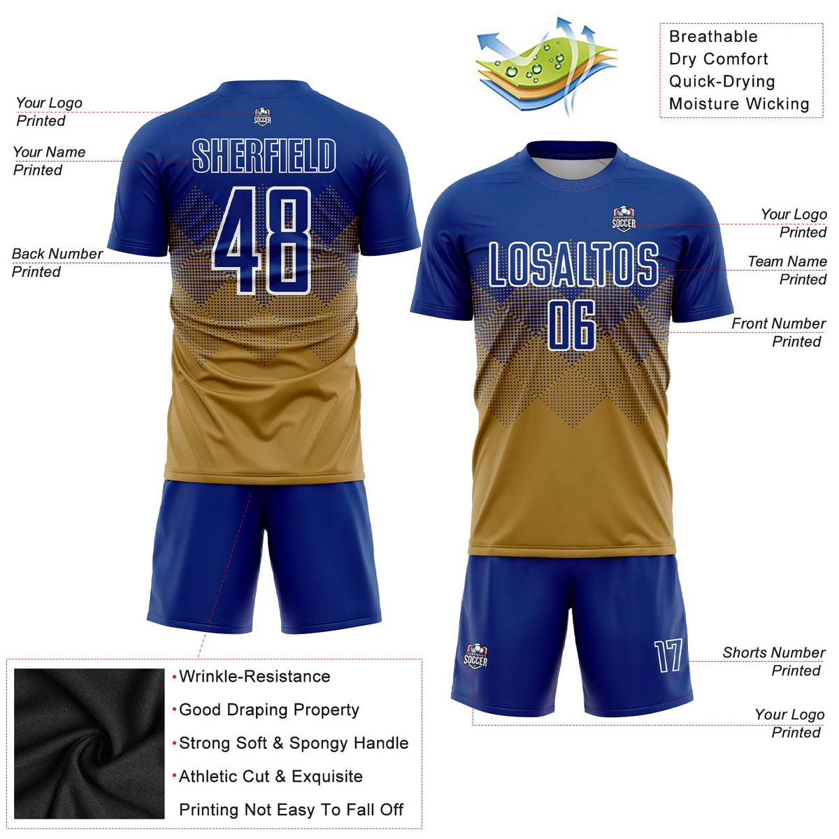 Custom Old Gold Royal-White Sublimation Soccer Uniform Jersey Limited