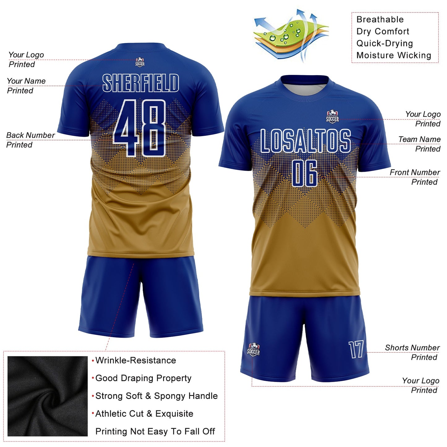 Custom Old Gold Royal-White Sublimation Soccer Uniform Jersey Limited