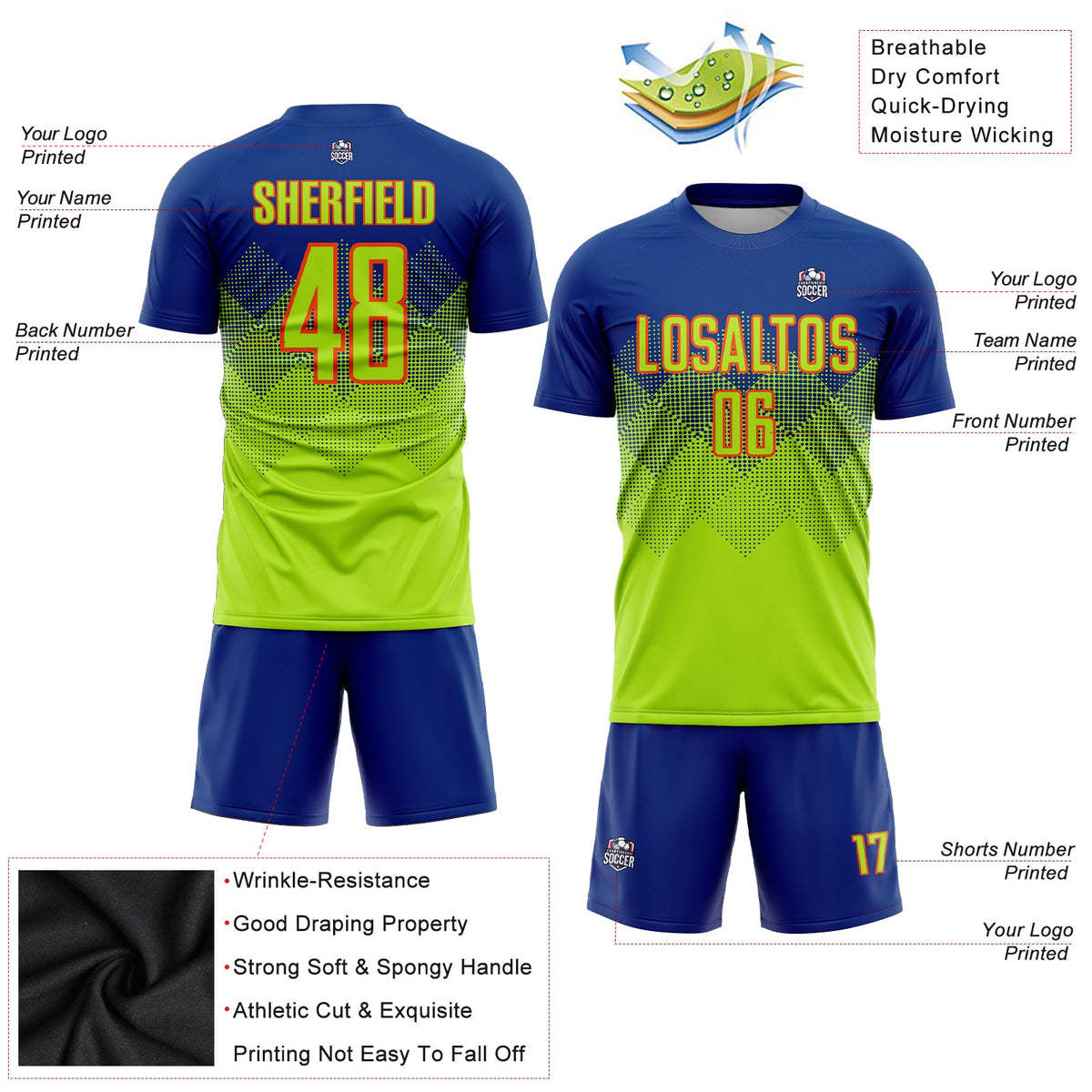 Custom Royal Neon Green-Orange Sublimation Soccer Uniform Jersey Limited