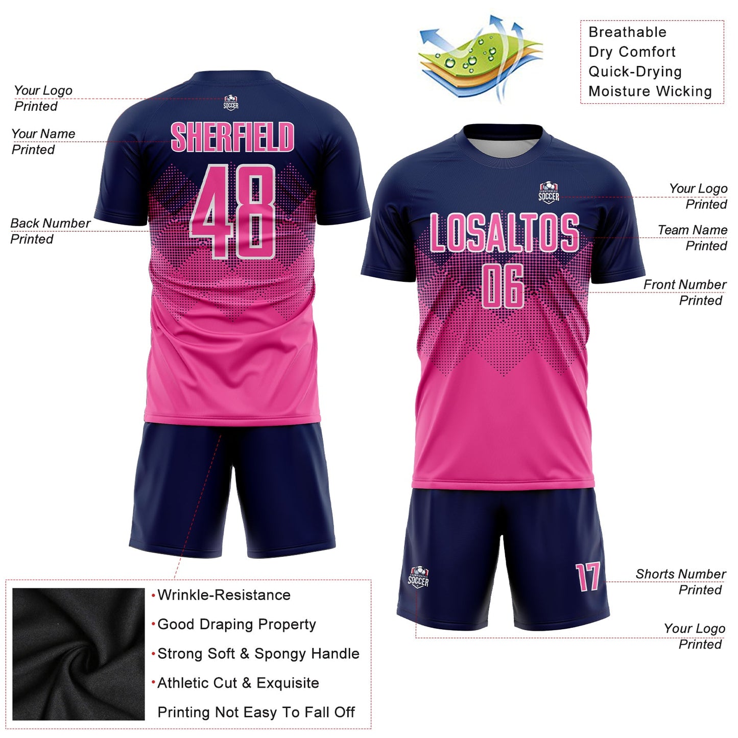 Custom Navy Pink-White Sublimation Soccer Uniform Jersey Limited