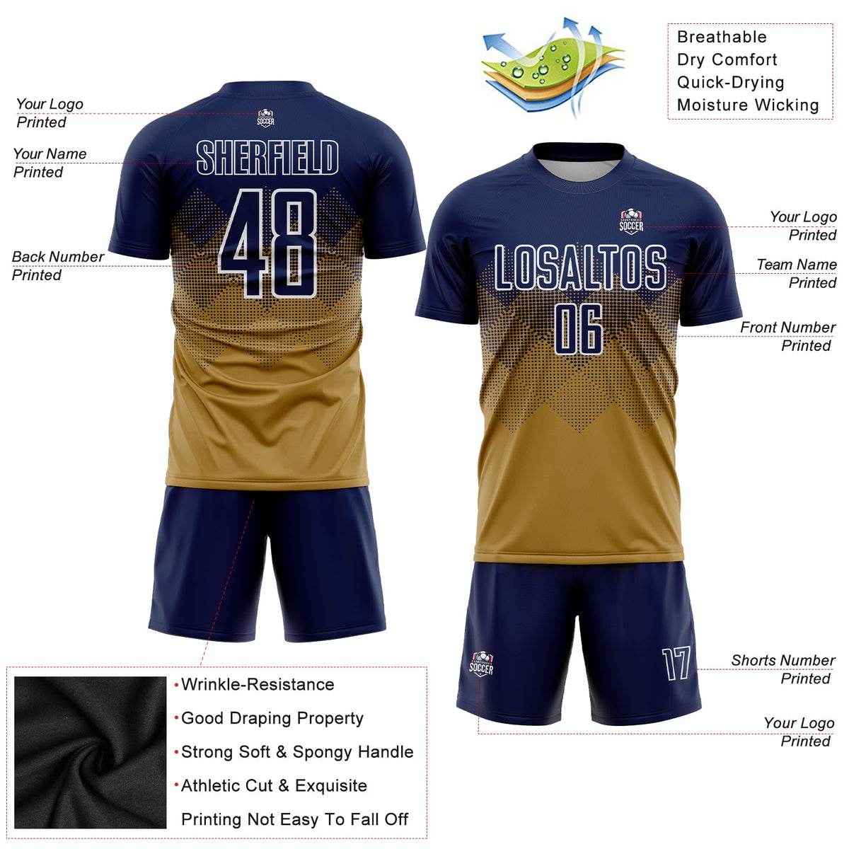 Custom Old Gold Navy-White Sublimation Soccer Uniform Jersey Limited