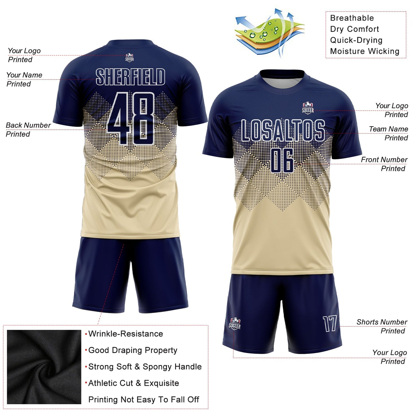 Custom Cream Navy-White Sublimation Soccer Uniform Jersey Limited