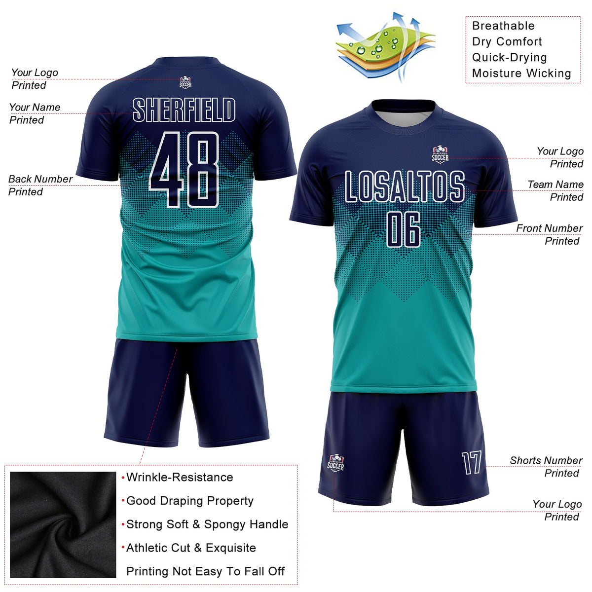 Custom Aqua Navy-White Sublimation Soccer Uniform Jersey Limited