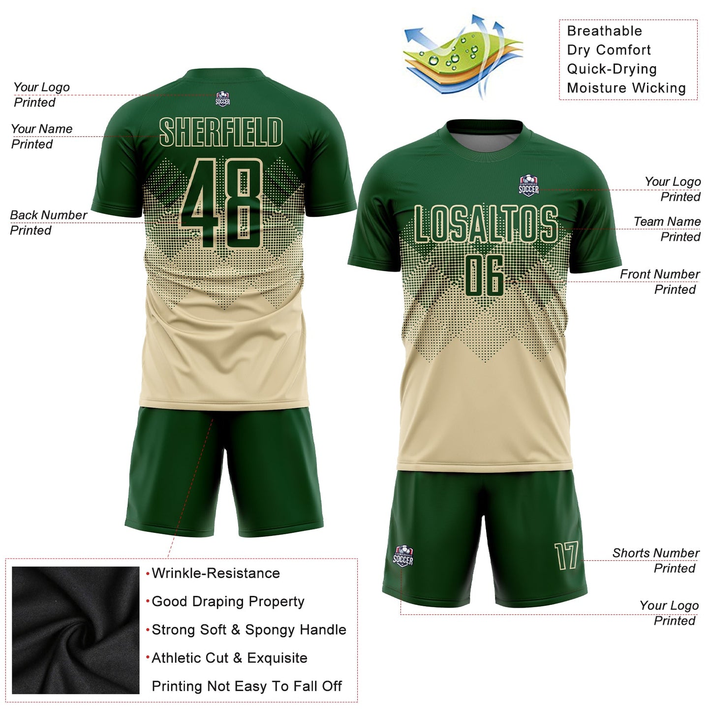 Custom Cream Green Sublimation Soccer Uniform Jersey Limited