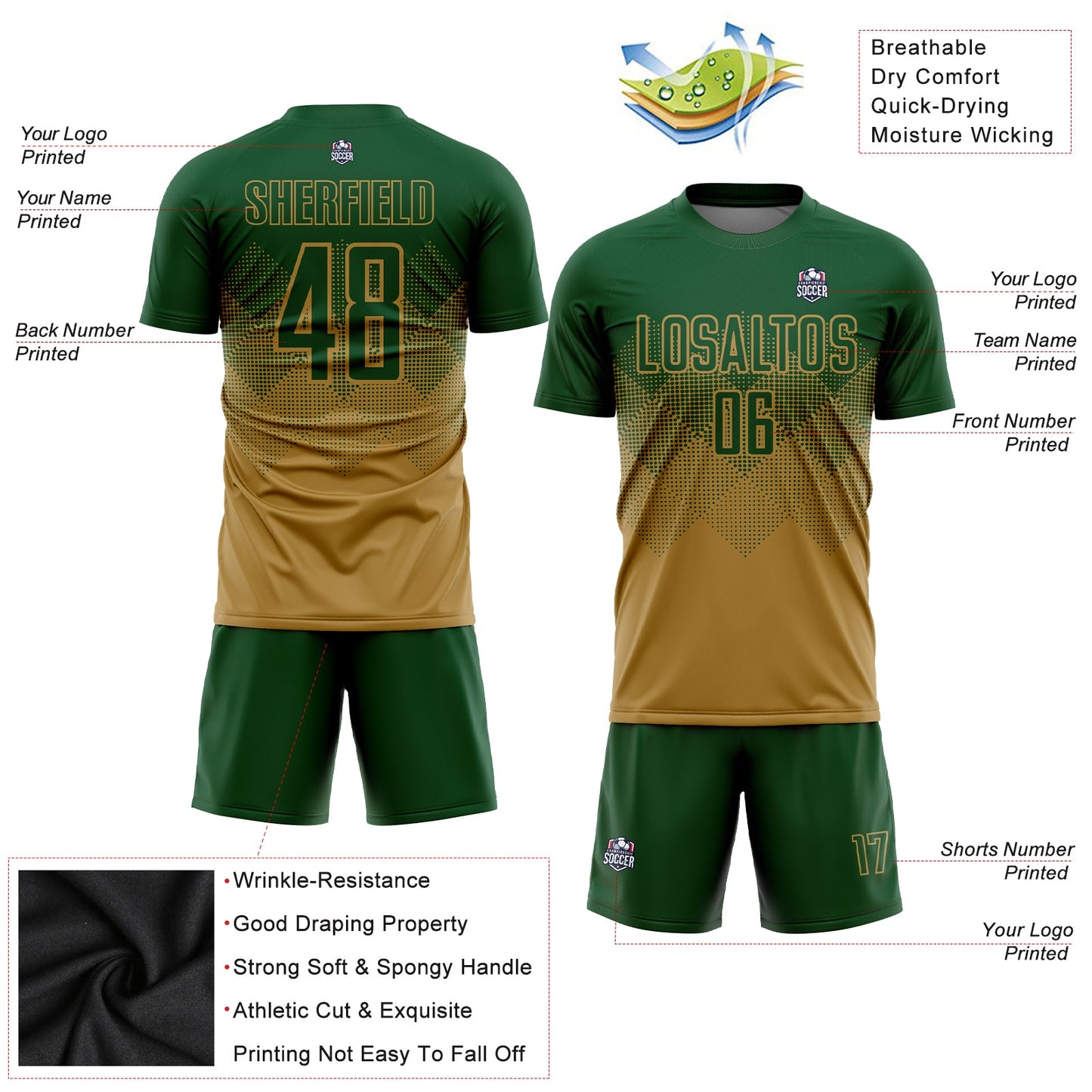 Custom Old Gold Green Sublimation Soccer Uniform Jersey Limited