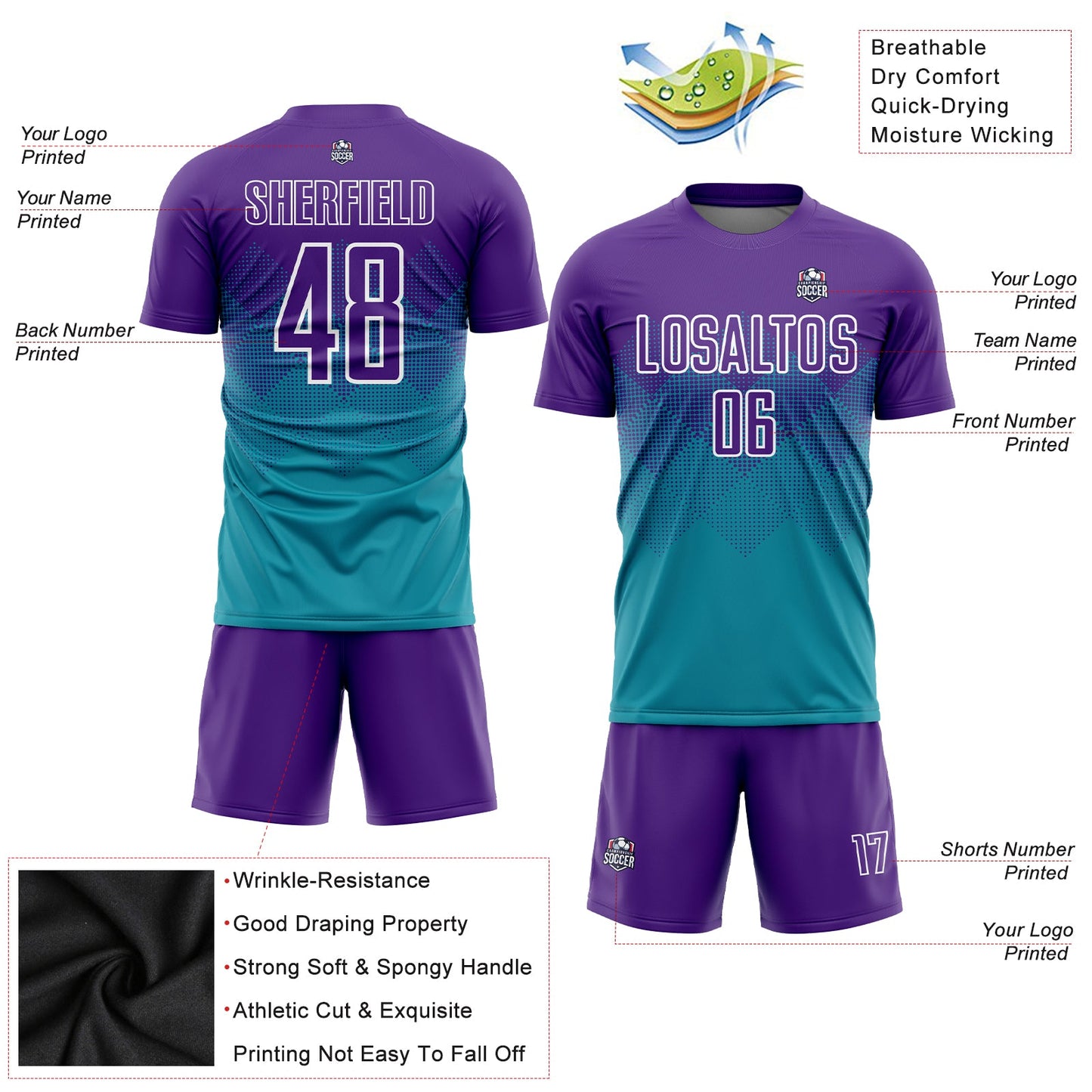 Custom Teal Purple-White Sublimation Soccer Uniform Jersey Limited