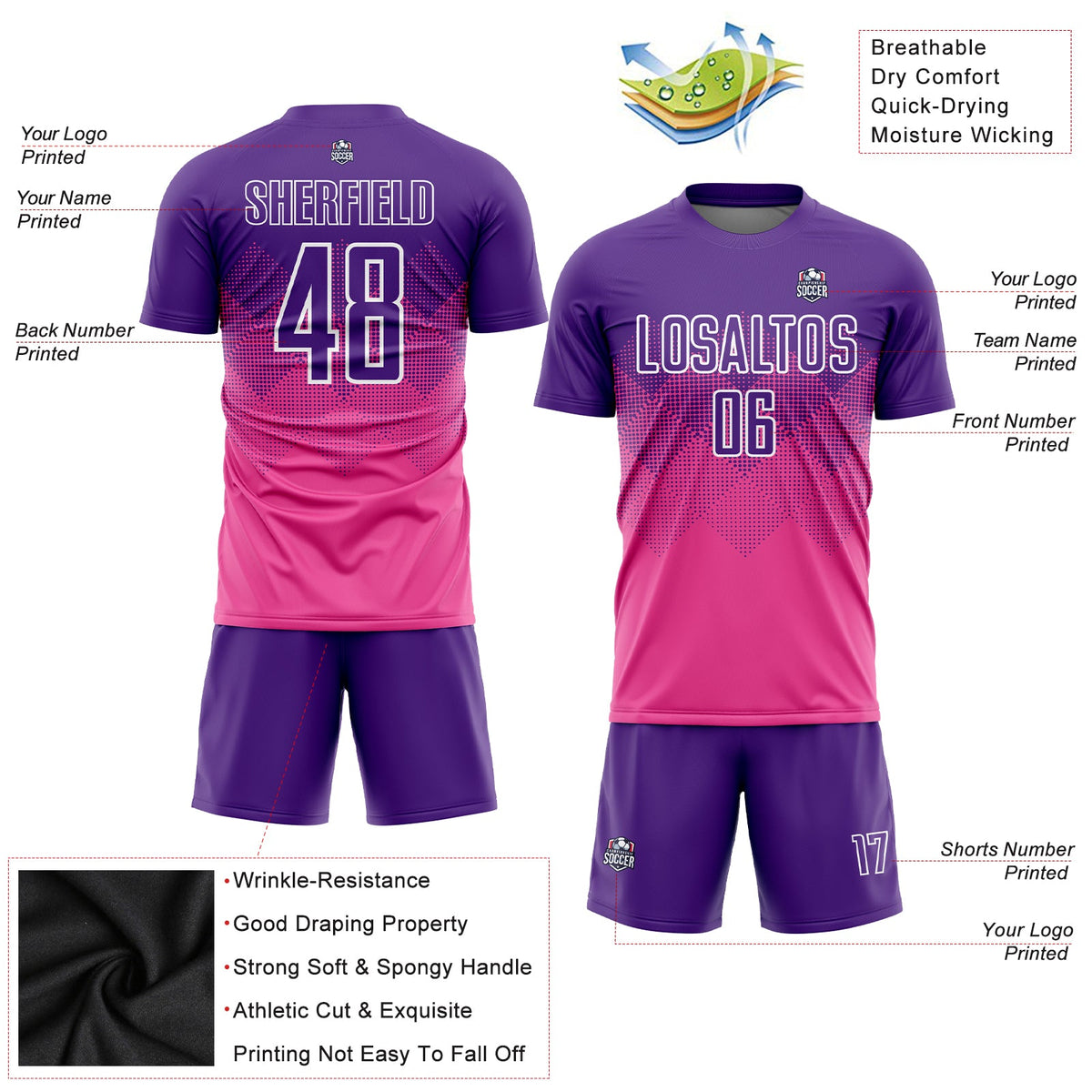 Custom Pink Purple-White Sublimation Soccer Uniform Jersey Limited