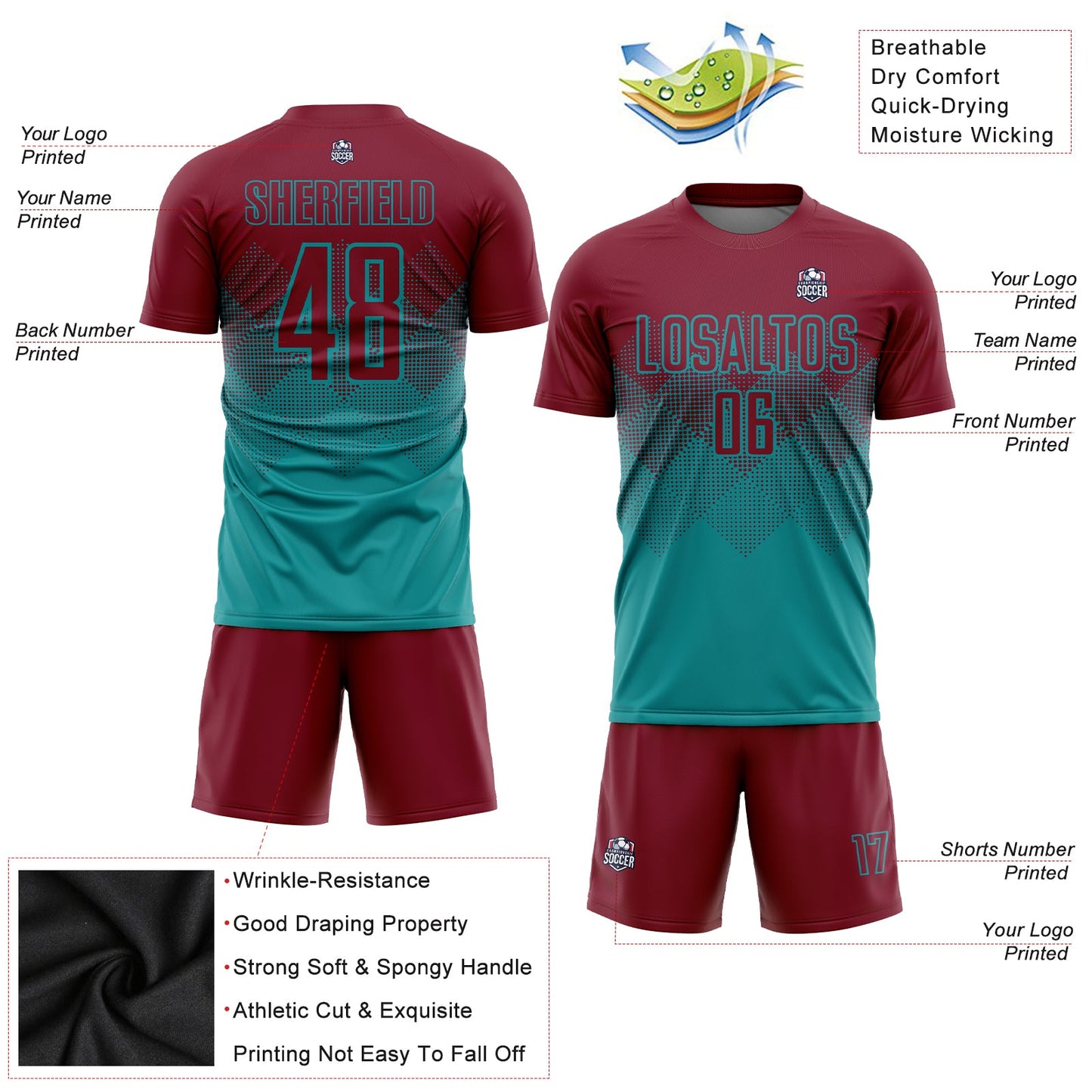 Custom Teal Crimson Sublimation Soccer Uniform Jersey Limited