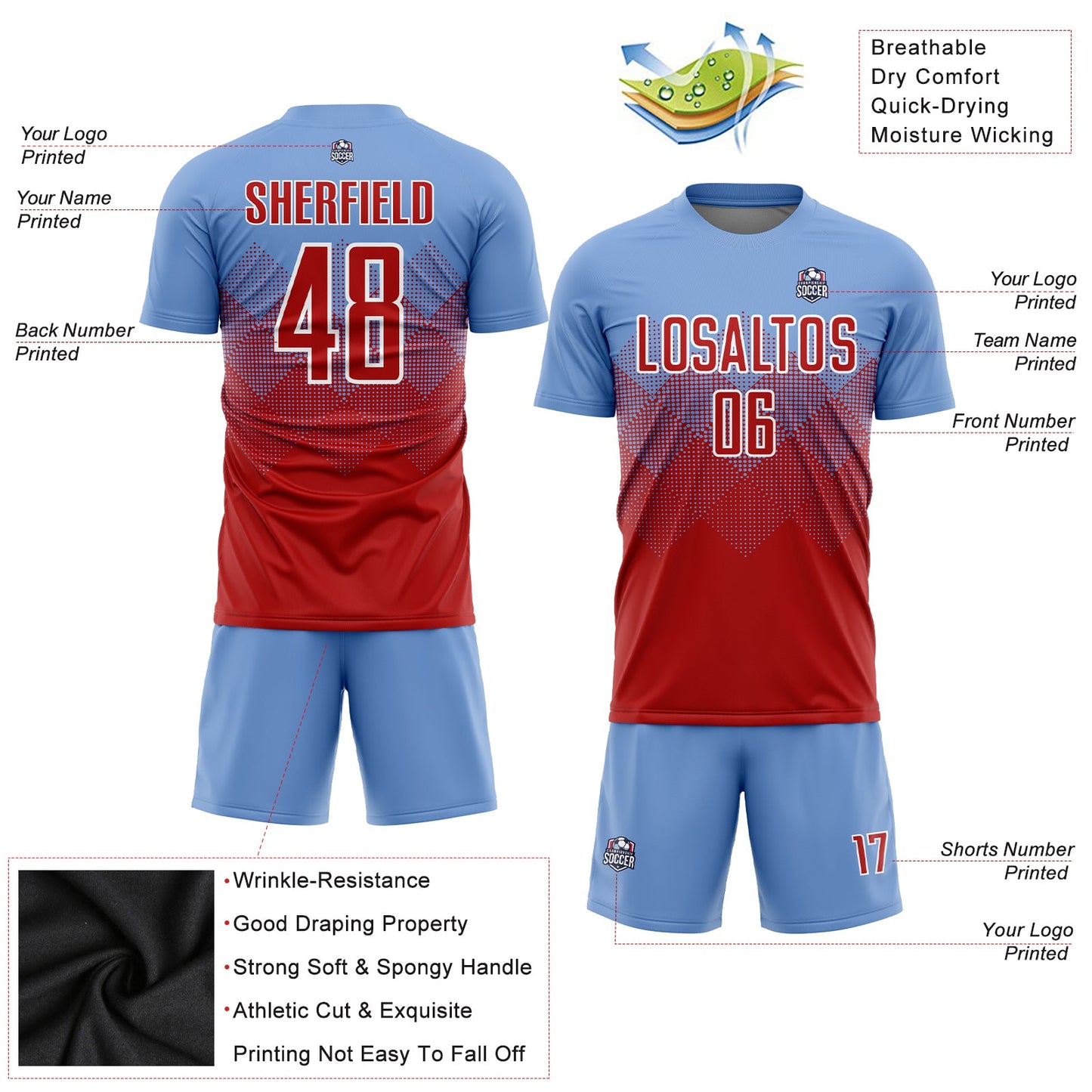 Custom Light Blue Red-White Sublimation Soccer Uniform Jersey Limited
