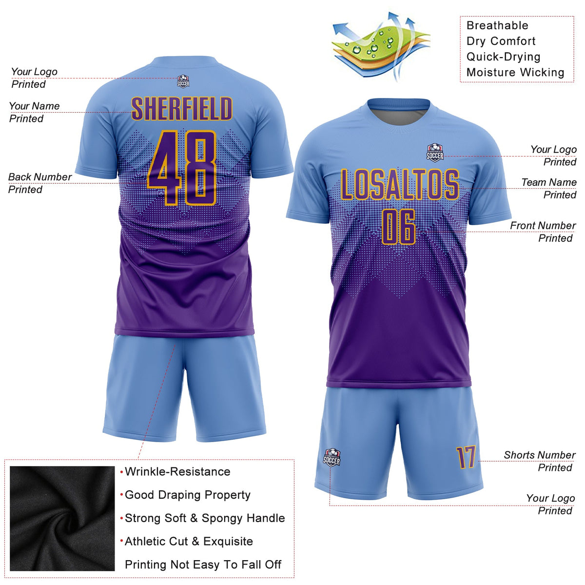 Custom Light Blue Purple-Gold Sublimation Soccer Uniform Jersey Limited