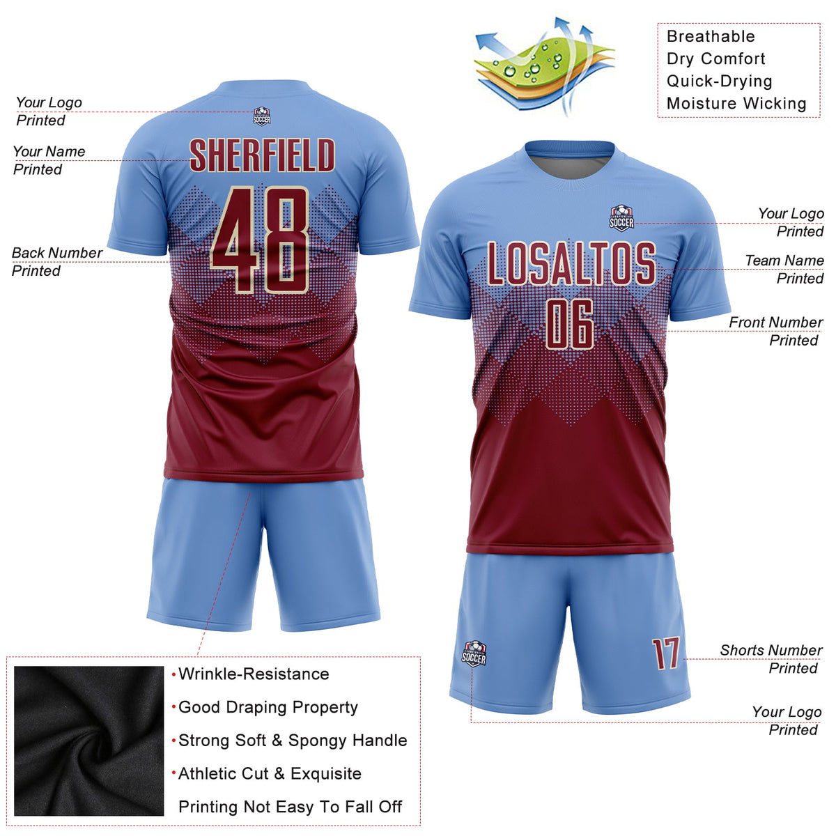 Custom Light Blue Crimson-Cream Sublimation Soccer Uniform Jersey Limited
