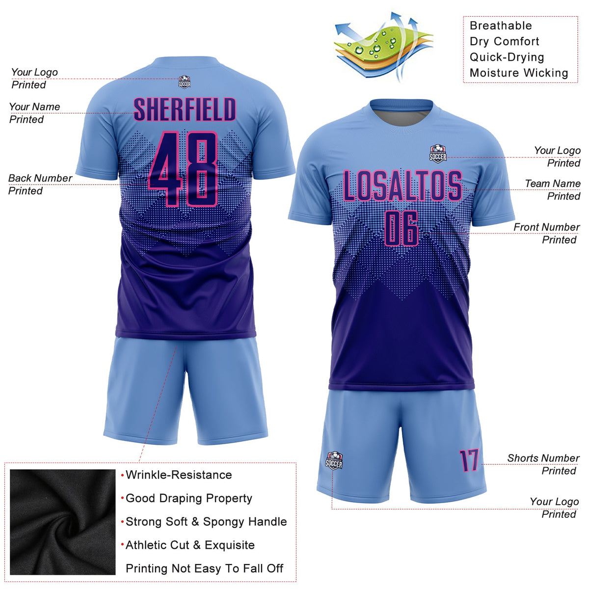 Custom Light Blue Dark Purple-Pink Sublimation Soccer Uniform Jersey Limited