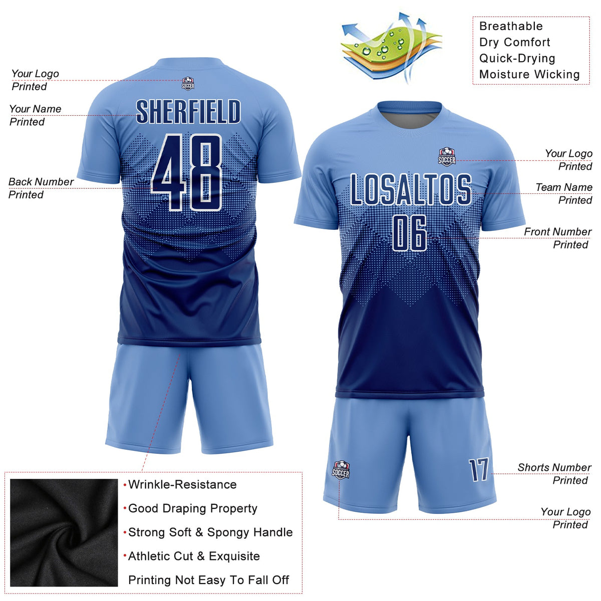 Custom Light Blue Navy-White Sublimation Soccer Uniform Jersey Limited