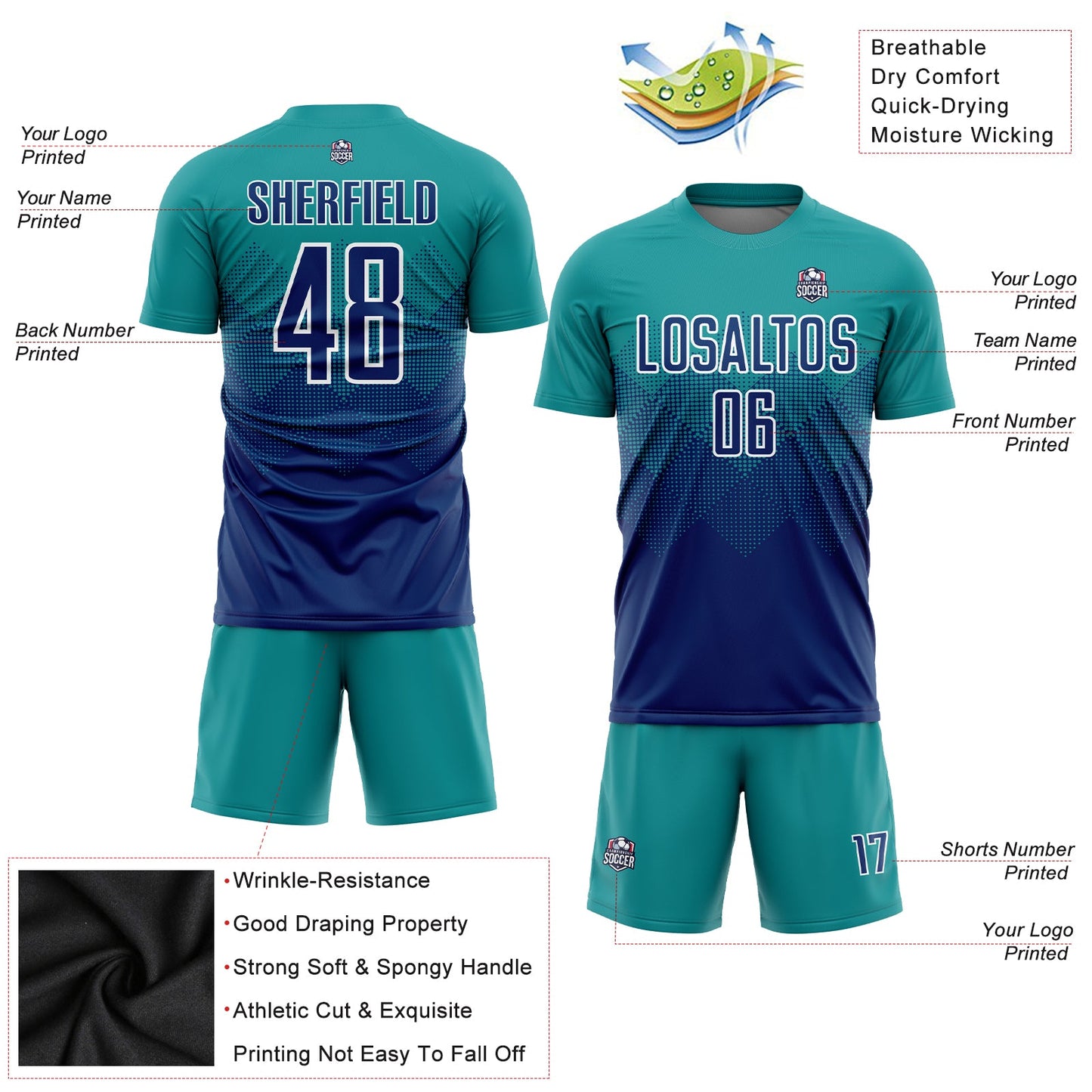 Custom Teal US Navy Blue-White Sublimation Soccer Uniform Jersey Limited