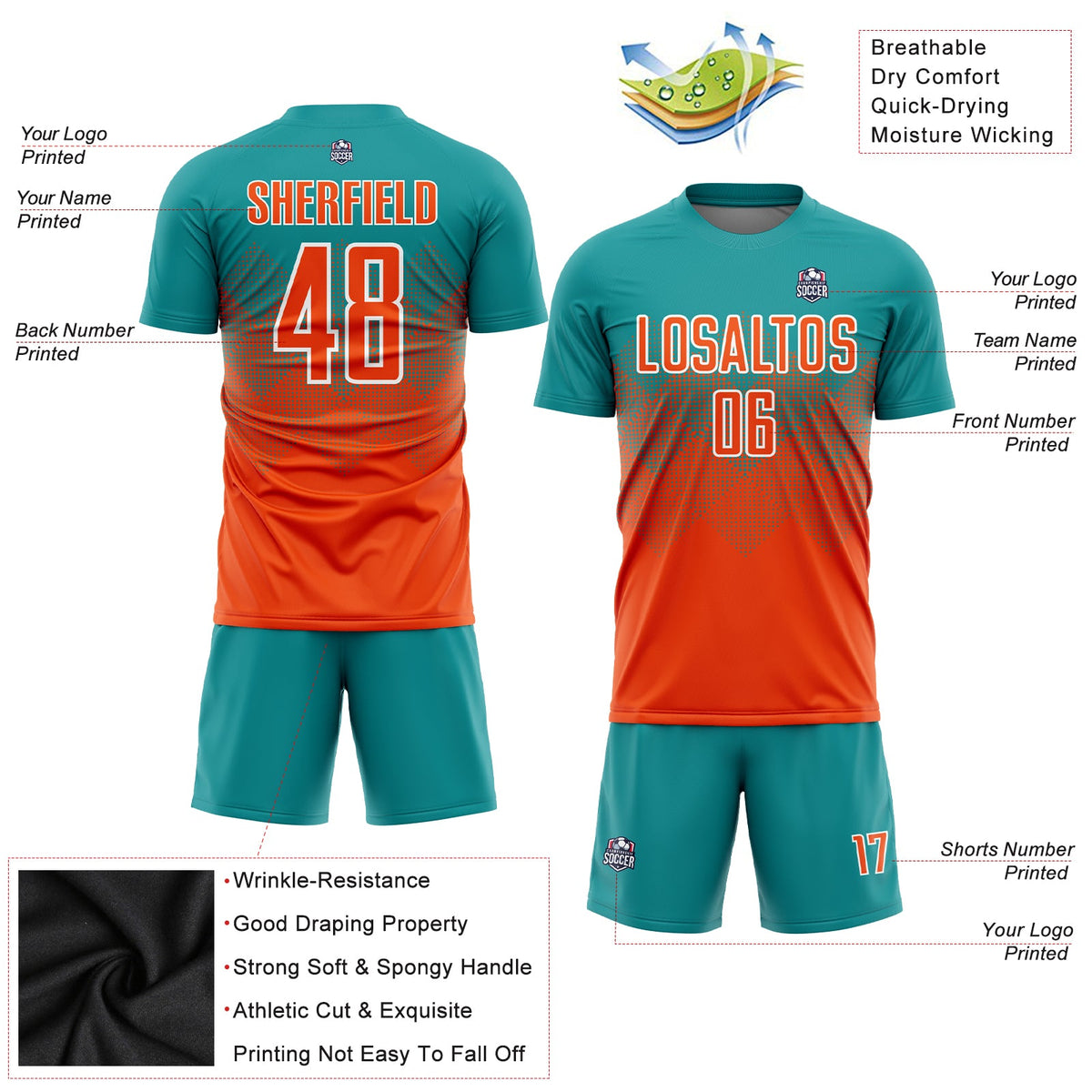 Custom Teal Orange-White Sublimation Soccer Uniform Jersey Limited
