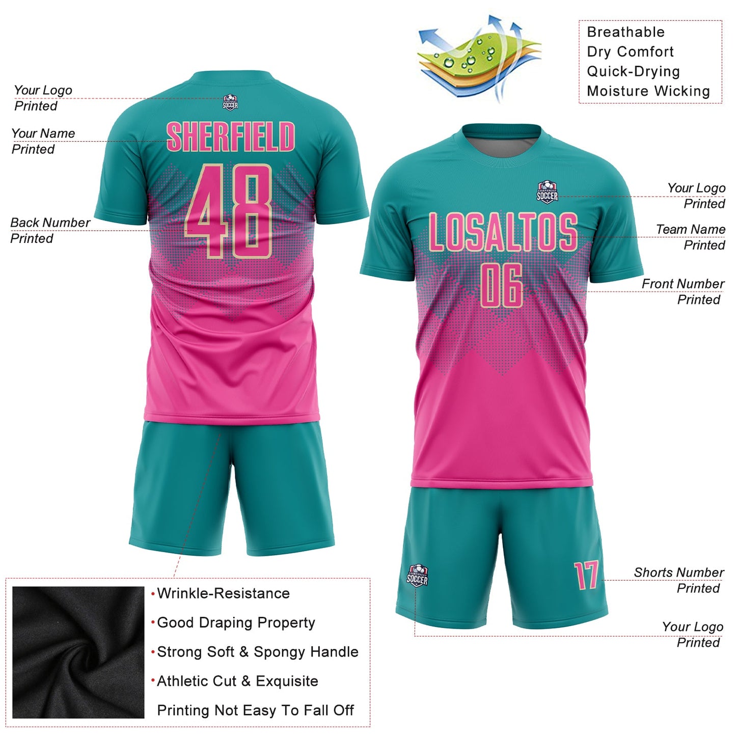 Custom Teal Pink-Cream Sublimation Soccer Uniform Jersey Limited