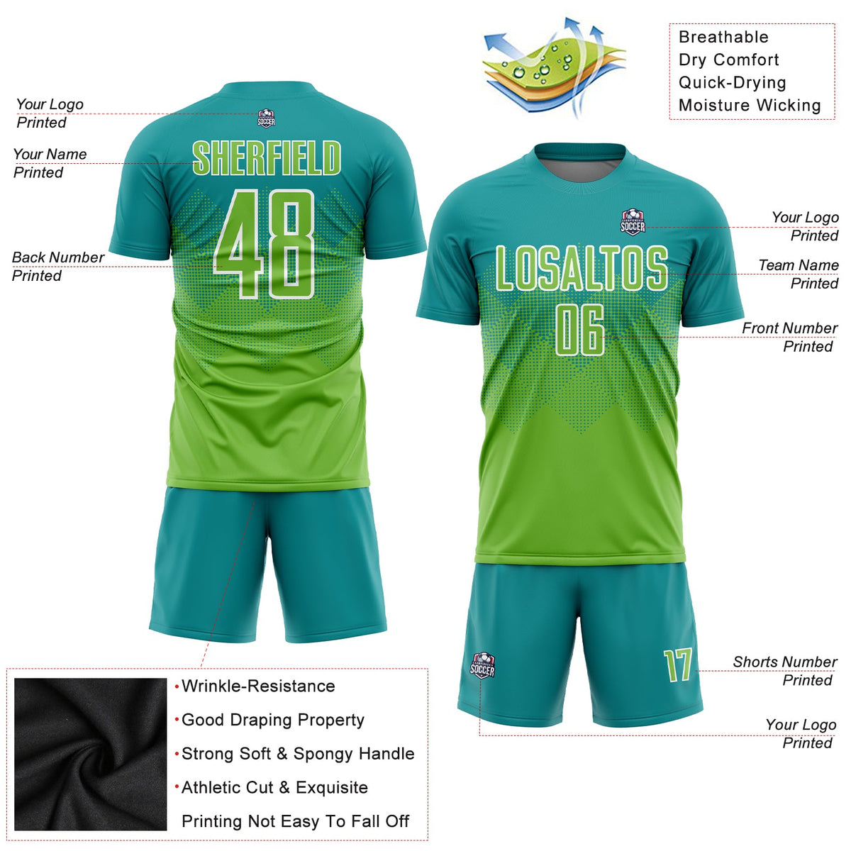 Custom Teal Neon Green-White Sublimation Soccer Uniform Jersey Limited