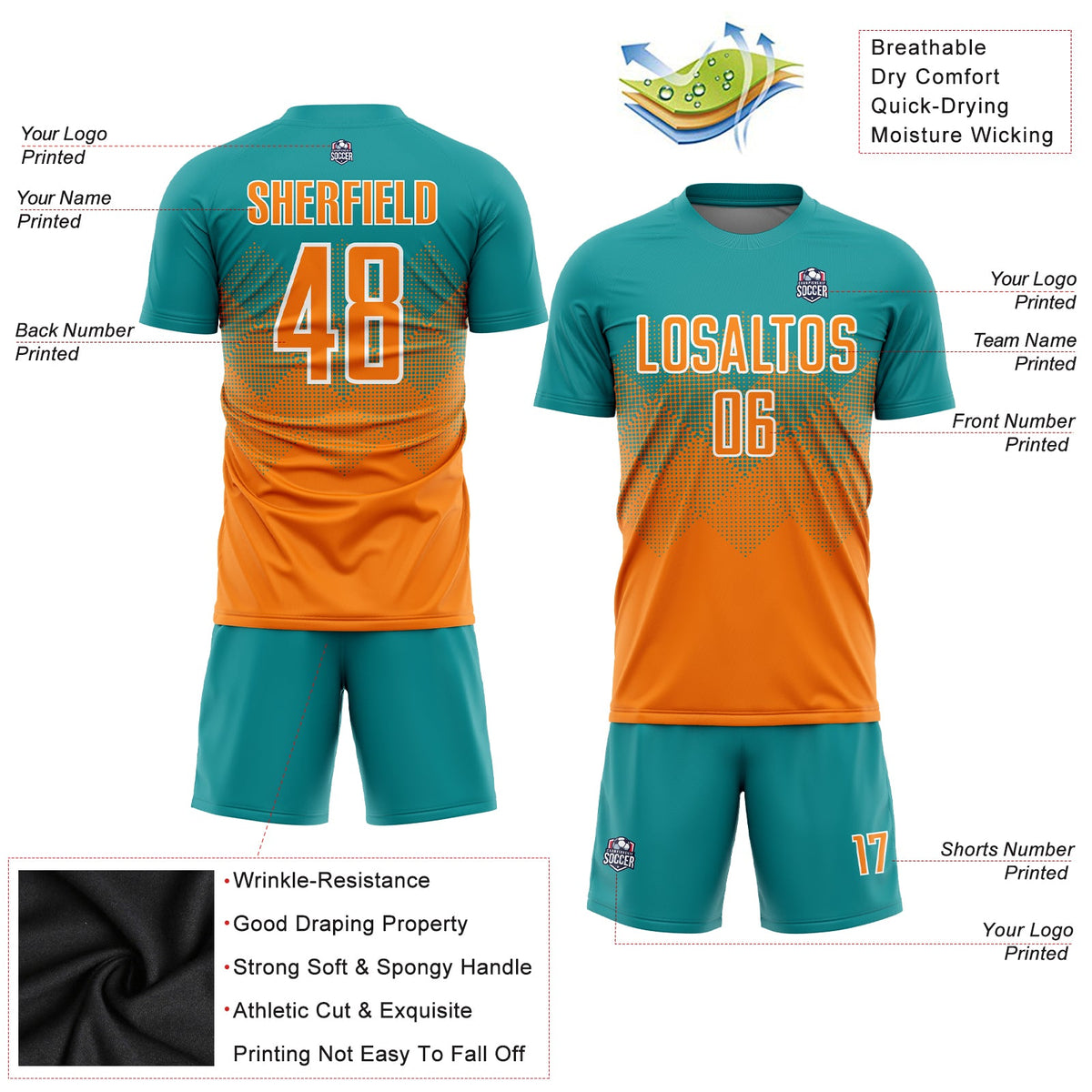 Custom Teal Bay Orange-White Sublimation Soccer Uniform Jersey Limited