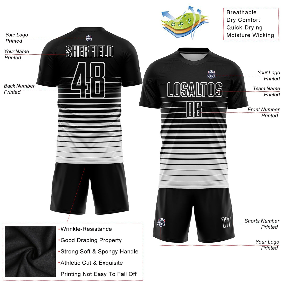 Custom Black White Pinstripe Fade Fashion Sublimation Soccer Uniform Jersey Limited