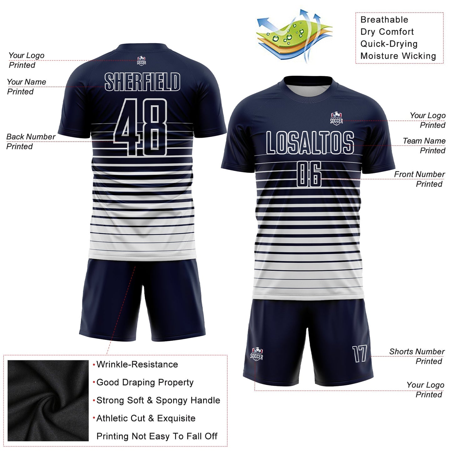 Custom Navy White Pinstripe Fade Fashion Sublimation Soccer Uniform Jersey Limited