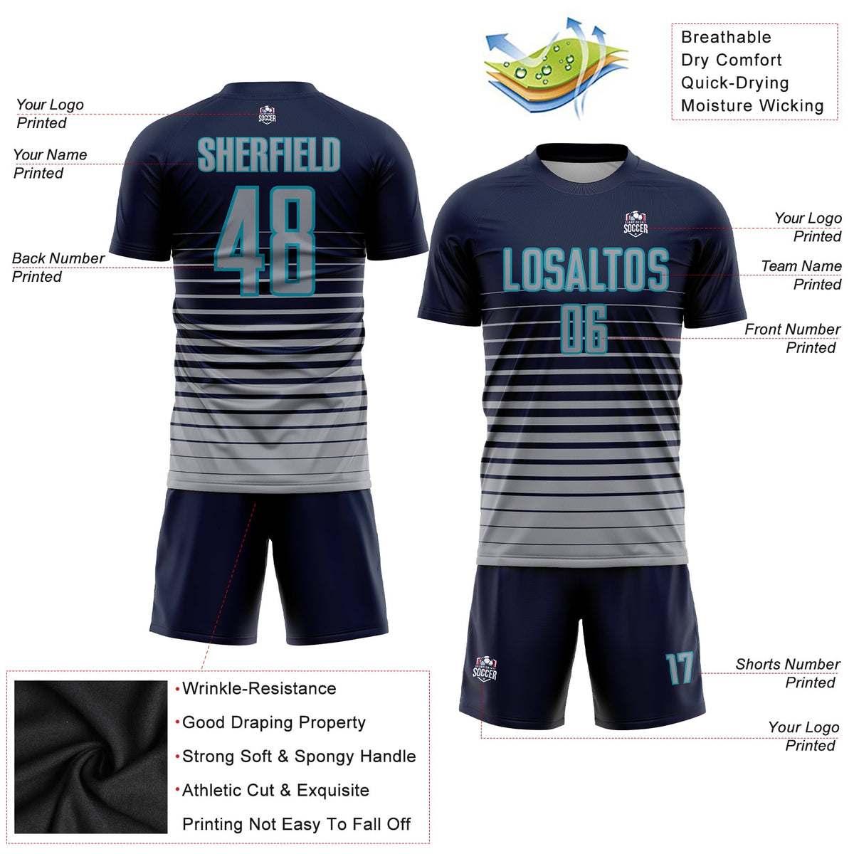 Custom Navy Gray-Teal Pinstripe Fade Fashion Sublimation Soccer Uniform Jersey Limited