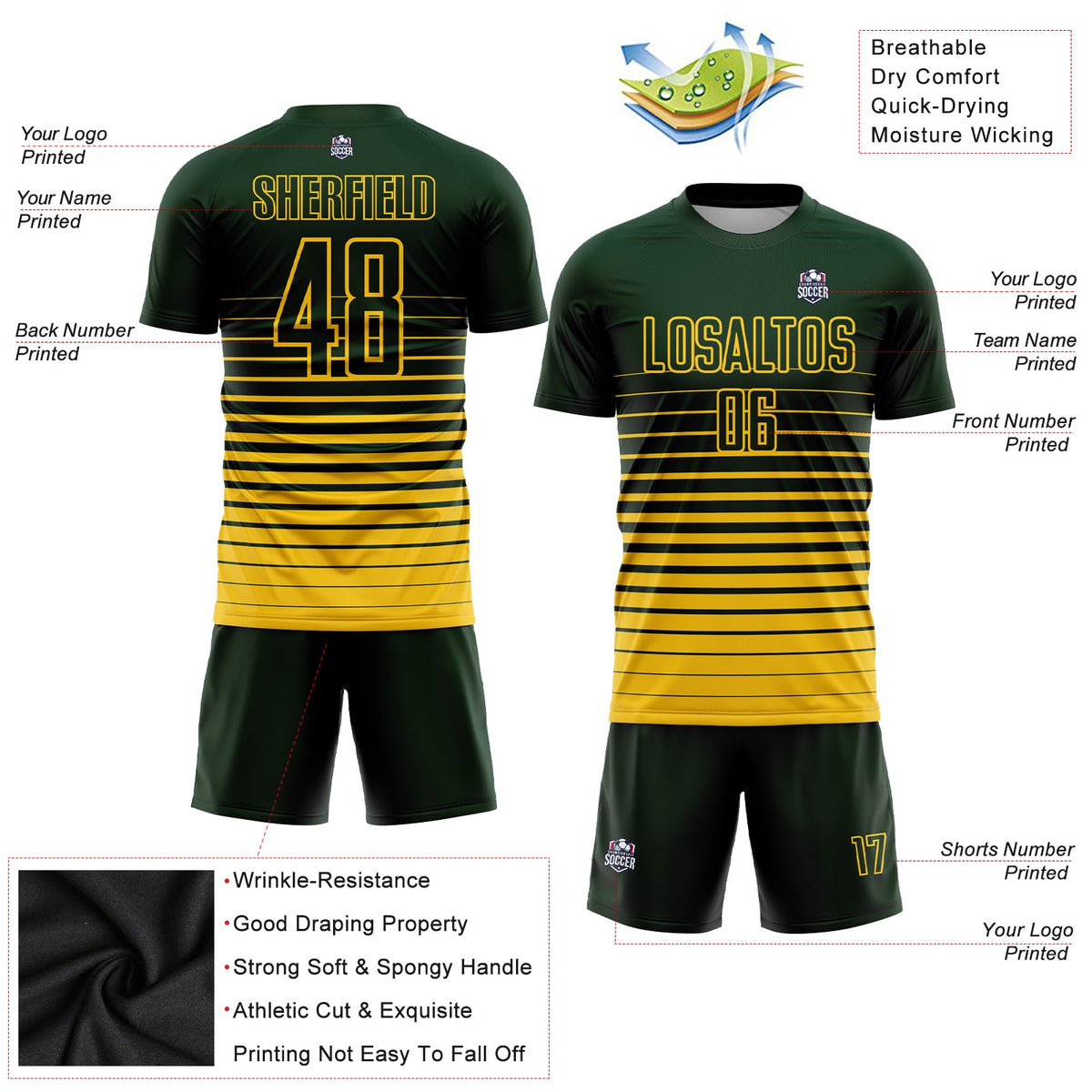 Custom Green Yellow Pinstripe Fade Fashion Sublimation Soccer Uniform Jersey Limited