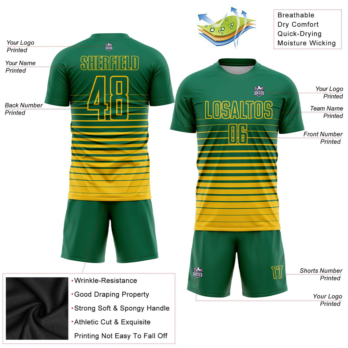 Custom Kelly Green Yellow Pinstripe Fade Fashion Sublimation Soccer Uniform Jersey Limited