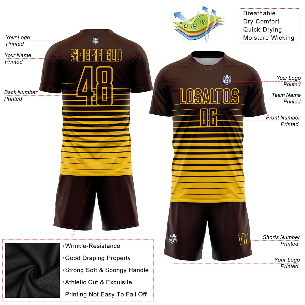 Custom Brown Yellow Pinstripe Fade Fashion Sublimation Soccer Uniform Jersey Limited