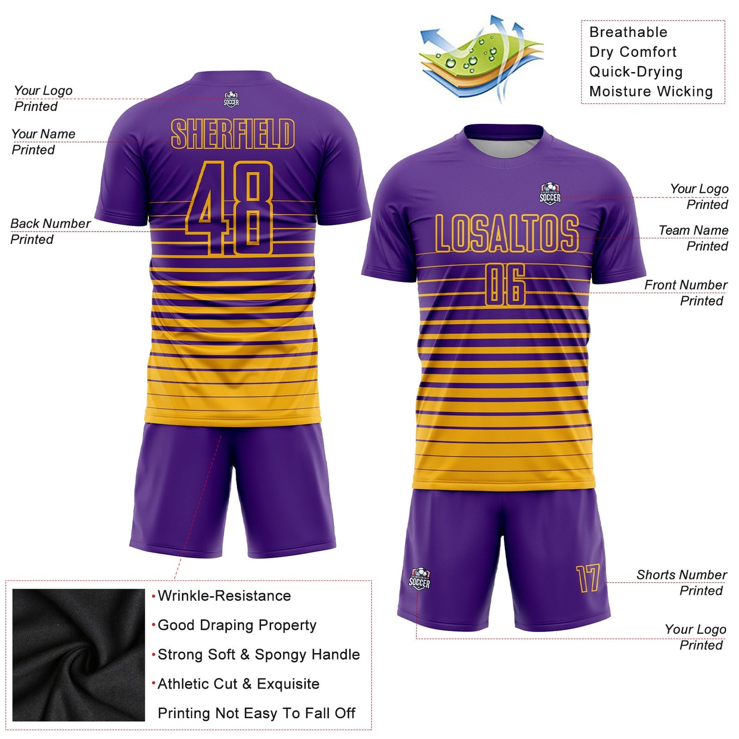 Custom Purple Gold Pinstripe Fade Fashion Sublimation Soccer Uniform Jersey Limited