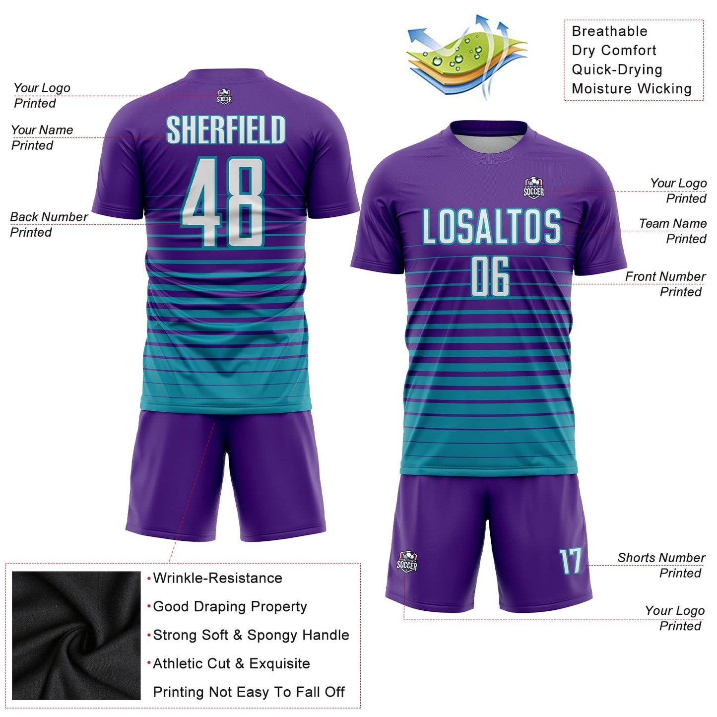 Custom Purple White-Teal Pinstripe Fade Fashion Sublimation Soccer Uniform Jersey Limited