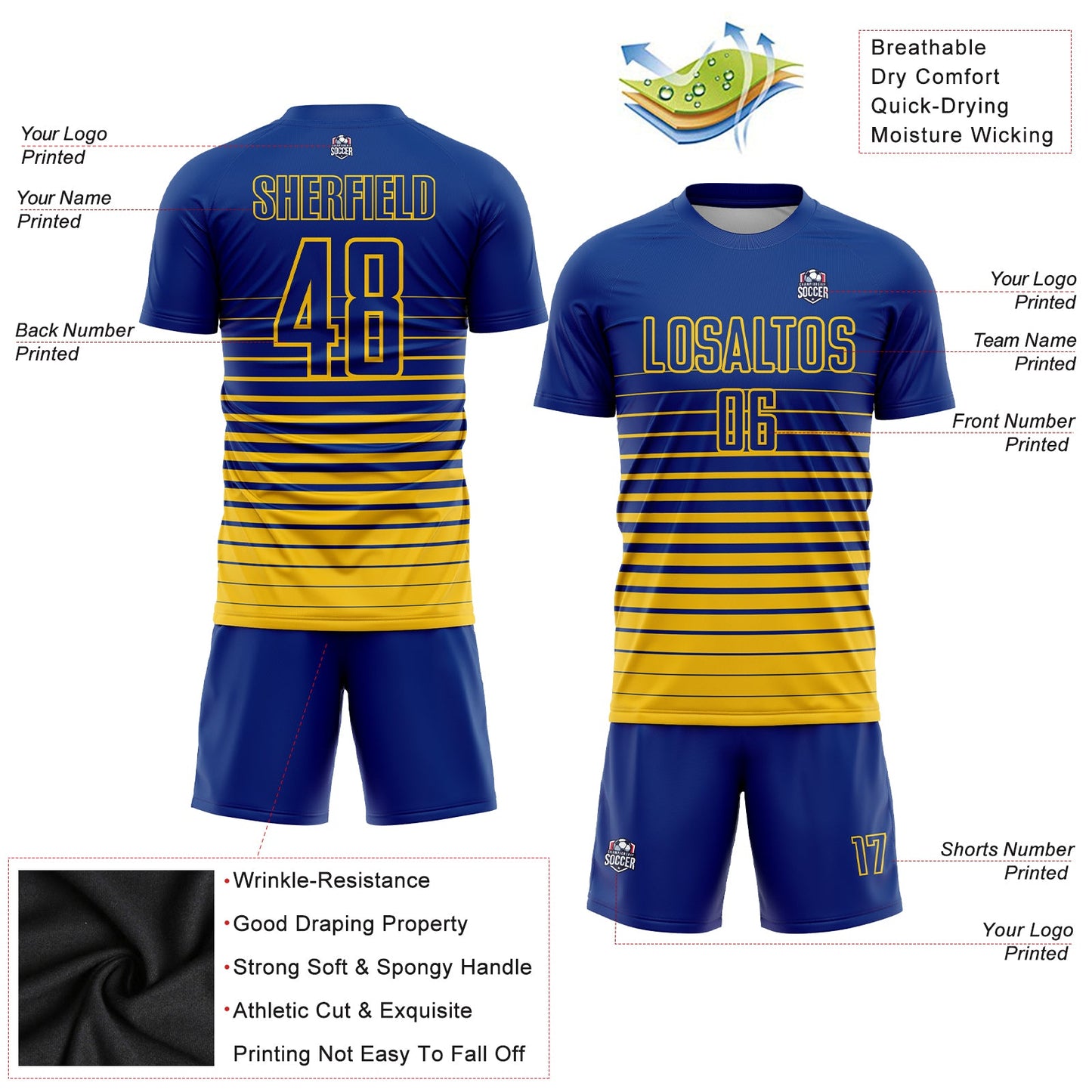Custom Royal Yellow Pinstripe Fade Fashion Sublimation Soccer Uniform Jersey Limited